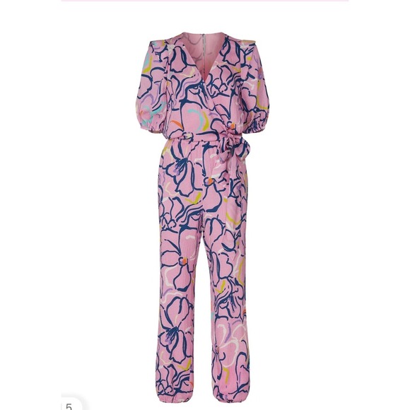 Tanya Taylor Pink Floral Print Wrap Jumpsuit Cropped Sleeve Tie Waist Size 6 - Picture 3 of 14
